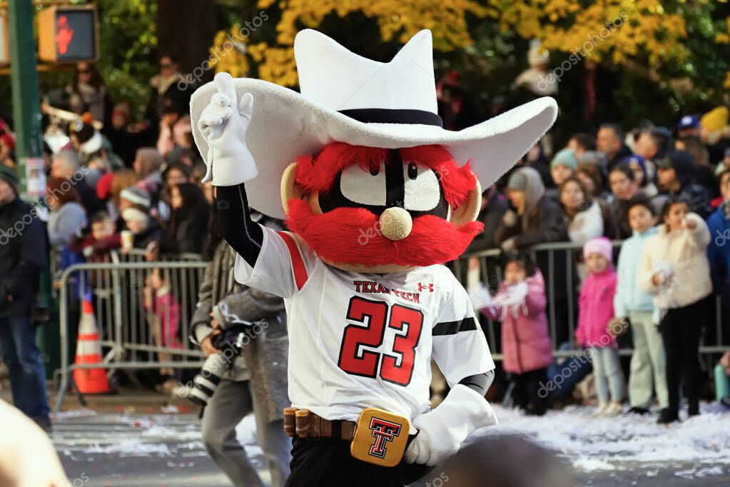 New York, NY - Nov. 23, 2023: NCAA Big 12 Texas Tech University sports mascot Raider Red at the Macy's Thanksgiving Day Parade wearing a number 23 jersey of Jarrett Culver.