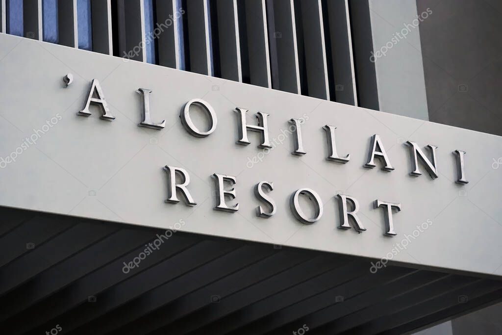 Honolulu Hawaii - December 9, 2023: Marquee entrance at Waikiki Beach luxury hotel 'Alohilani Resort