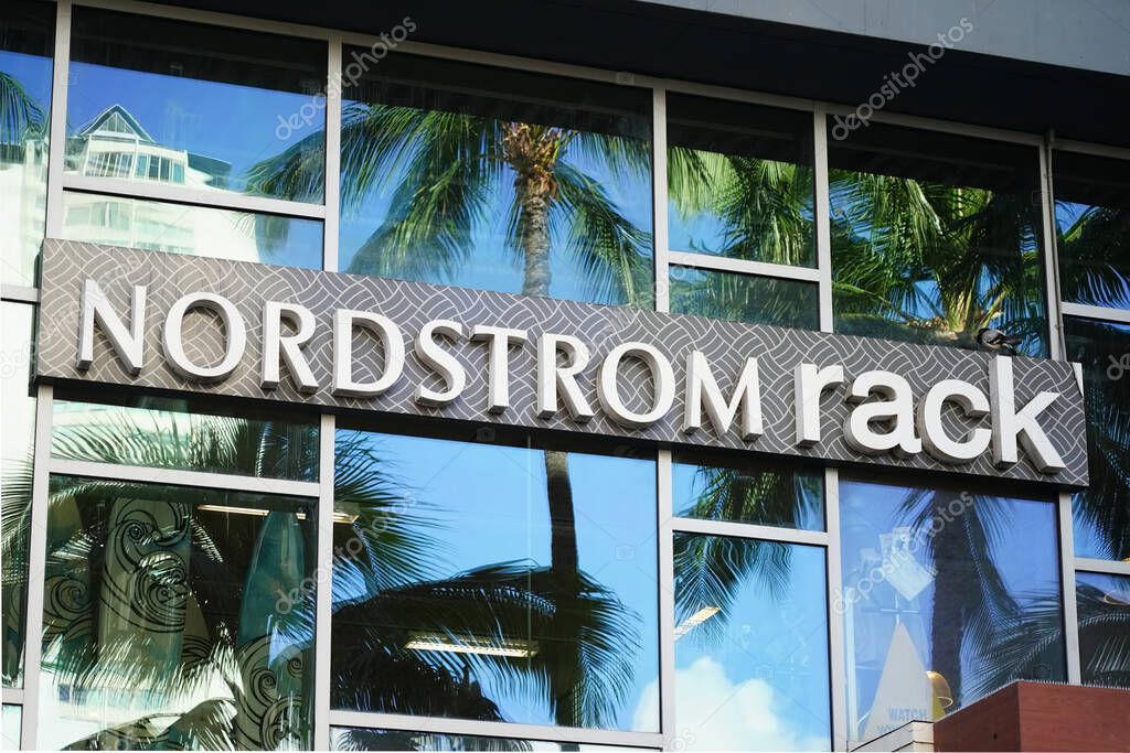 Honolulu, HI - Jan 6, 2025: Nordstrom Rack luxury brands off-price discount clearance store sign on storefront.