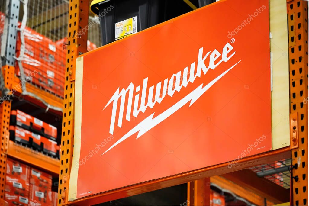New York, USA - Jan 26, 2025: American tool manufacturer Milwaukee Electric Tool Corporation advertisement banner at big box retailer. Milwaukee brand as an independent subsidiary of TTI Group.