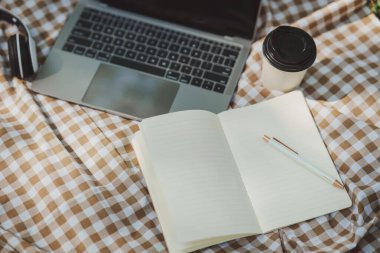 Bilgisayarda piknik battaniyesi üzerinde çalış. Parktaki çimlerde. Kulaklık, defter, kalem ve bir fincan sıcak kahvenin yanında. Serbest meslek konsepti. Üst manzara, düz yatış. Çalışma formu herhangi bir konsept.