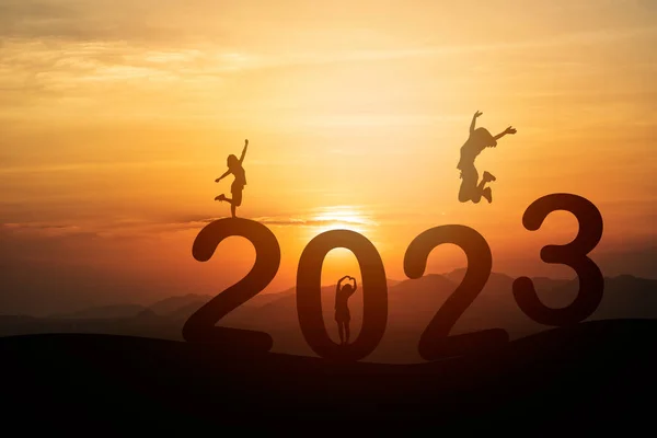 Woman jump happy new year 2023 concept, silhouette of woman jumping over barrier cliff and success with beautiful sunset background. Happy New Year 2023 use for web banner and advertisement.