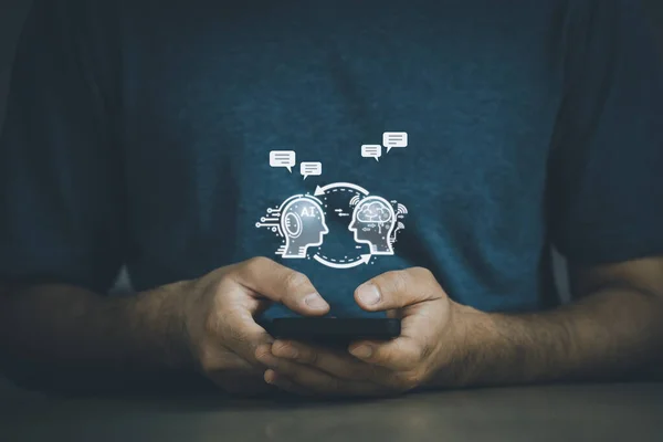Man using smartphone mobile phone with digital chatbot, chat GPT, robot application, conversation assistant, AI Artificial Intelligence concept, digital chatbot virtual screen. Automatic AI Concept.