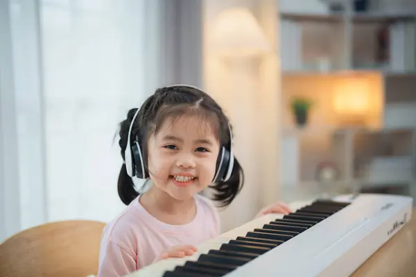 Asian Cute Girl Smile Wearing White Headphone Playing Learning Online — Stock Photo, Image