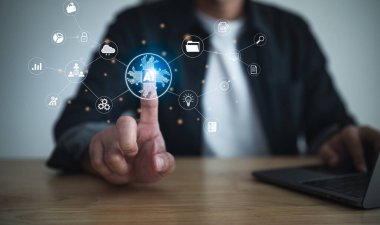 Parmakla göstererek sanal dijital Ai ağ zincirine dokun. Dijital dönüşüm yönetimi, şeylerin interneti, akıllı Ai teknolojisi, ticari simgelerin IOT kavramları nesnelerin akıllı İnternet.