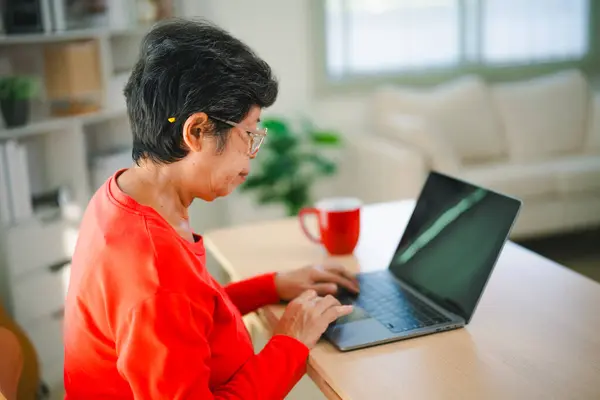 Senior old asian woman working after retirement using laptop at home. Old freelancer working or learning new technology on laptop in living room. Retirement activity concept.