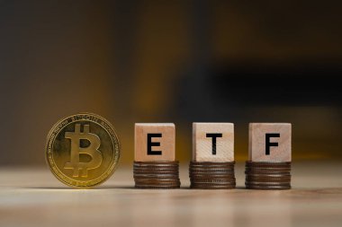 Bitcoin altın harfleri ETF tahta bloklar satır üzerinde madeni paralar ve çözülmüş grafik arka planı, kripto para bitcoin yarı konsepti. Değişim Ticaret Fonu 'na atıfta bulunan bitcoin ETF.