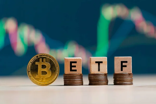 stock image Bitcoin gold coin words ETF wooden blocks on rows stack coins and defocused chart background, cryptocurrency bitcoin halving concept. The bitcoin ETF which refers to Exchange Traded Fund.