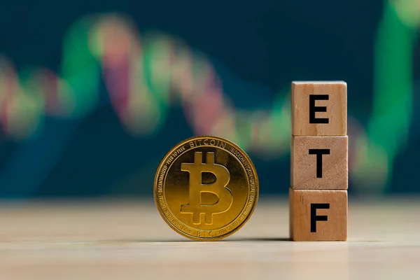 Bitcoin altın harfleri ETF tahta bloklar satır üzerinde madeni paralar ve çözülmüş grafik arka planı, kripto para bitcoin yarı konsepti. Değişim Ticaret Fonu 'na atıfta bulunan bitcoin ETF.