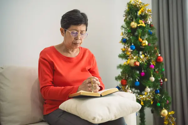 Asian old senior woman doing hands together and  holding necklace of crosses prayer to God along with the bible In the Christian concept of faith, spirituality and religion. Christmas tree.
