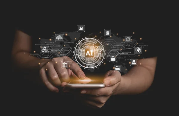 Kadın mobil ve sanal dijital Ai ağ zincirine dokunuyor. Dijital dönüşüm yönetimi, şeylerin interneti, akıllı Ai teknolojisi, ticari simgelerin IOT kavramları nesnelerin akıllı İnternet.