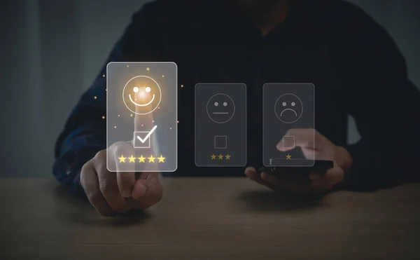 Businessman give five star virtual icon positive smile happy emotion providing premium service. Top service Quality assurance, Guarantee, Standards, ISO certification, the assurance quality.