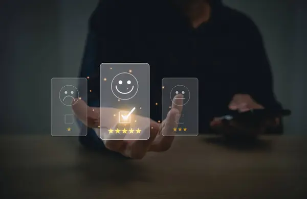 Businessman give five star virtual icon positive smile happy emotion providing premium service. Top service Quality assurance, Guarantee, Standards, ISO certification, the assurance quality.
