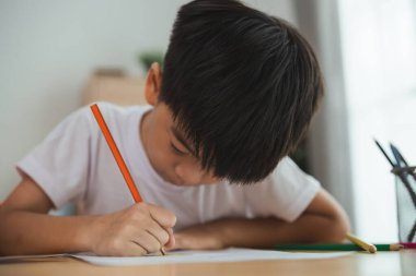 Genç bir çocuk masada oturuyor ve bir kalemle yazıyor. O, işine odaklanmış ve ciddi bir ruh hali içinde. Bir çocuğun yazma becerilerini öğrenmesi ve pratik yapması kavramı