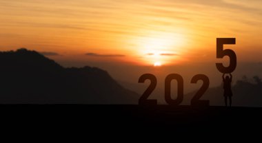 A captivating silhouette of a person lifting the number 5 during a stunning sunset, symbolizing hope and new beginnings as the year 2025 approaches amidst serene nature. clipart