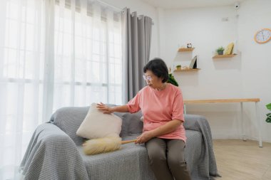 Doğal Aydınlık ve Minimalist Dekorla çevrili Konforlu Oturma Odasında Duster ile Kıdemli Asyalı Kadın Koltuğu Temizliyor