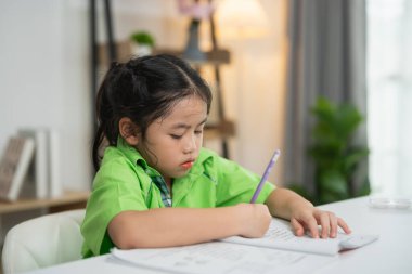 Evde çalışan odaklanmış bir çocuk, çalışma kitabına notlar yazma, açık yeşil gömlek giyme, kapalı alanda eğitim faaliyetleri yapma, öğrenme ortamı