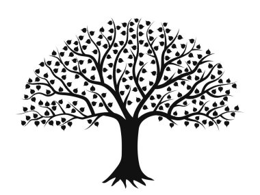 Bodhi ağacı siluet şablonu. Buda 'nın Aydınlanması. Yaşam ağacı kavramı, beyaz arka planda izole edilmiş, ışınları yuvarlak şekilli tasarım. Budist festivalleri için grafik kaynak stoku