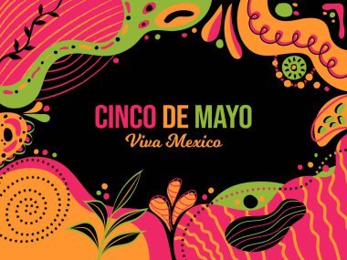 Cinco de Mayo Yatay Renkli Arkaplan Vektör Çizimi. 5 Mayıs Meksika festivali tatili. Çiçek Halk Sanatı ve Memphis Neon Füzyonu. Web sitesi başlığı, sosyal medya paylaşımı, promosyon, selamlama tasarımı