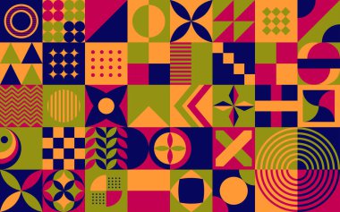 Ulusal İspanyol Mirası Ayının Soyut Geçmişi. 15 Eylül - 15 Ekim Renkli Poster Kutlaması. Yatay web sitesi afiş vektör illüstrasyonu. Neo Geometrik desen sanatı