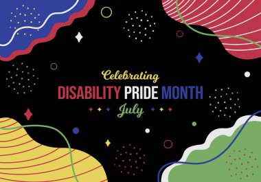 Maluliyet Gururu Ayının Memphis konseptini kutluyoruz. Temmuz Farkındalığı Soyut posteri. Yatay afiş vektör illüstrasyonu. Web sitesi başlığı, sosyal medya paylaşımı, tebrik kartı grafik kaynağı