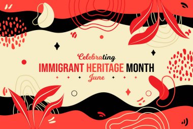 Göçmen Miras Ayının Vektör İllüstrasyonunu Kutluyoruz. Ulusal Haziran Farkındalığı. New York Kutlama Haftası. Yatay pankart tasarımı. Web sitesi başlığı, sosyal medya paylaşımı, poster grafik kaynağı