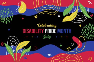 Malulen Gurur Ayını Boho Geçmişini Kutluyoruz. Temmuz Farkındalığı Soyut Doku posteri. Yatay afiş vektör illüstrasyonu. Web sitesi başlığı, sosyal medya paylaşımı, tebrik kartı grafik kaynağı