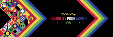 Engelli Gurur Ayının Neo Geometrik Geçmişini Kutluyoruz. Temmuz Farkındalığı Soyut Geometrik posteri. Yatay afiş vektör illüstrasyonu. Web sitesi başlığı, sosyal medya paylaşımı, kart grafik kaynağı