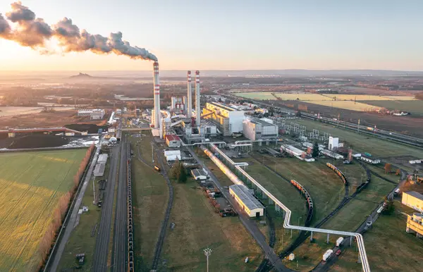 stock image Coal power plant in the morning produces electricity and heating for east bohemia households. Industrial landscape of east bohemia with 