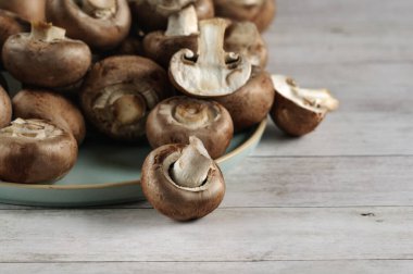 Tabaktaki taze organik kahverengi mantarlara odaklan. Gün ışığı, bulanık arkaplan. Boşluğu kopyala