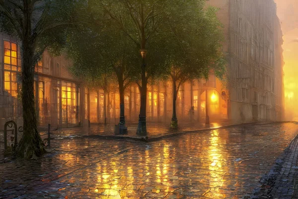 a street scene painting rainy city rainy puddle oil art artwork wet soft day rain