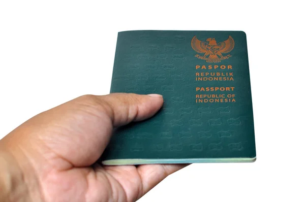 Książka Paszportowa Republiki Indonezji Zieloną Okładką Białym Tle — Zdjęcie stockowe