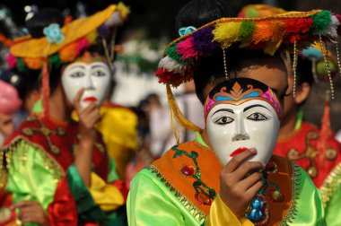 Jakarta, Indonesia - July 8, 2018 : Betawi mask dancers are preparing to perform at a cultural festival in Jakarta, Indonesia