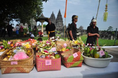 Yogyakarta, Indonesia - March 30, 2014 : Food brought by participants of the Nyepi day ceremony in the courtyard of Prambanan Temple, Yogyakarta - Indonesia