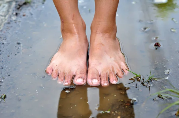Die Füße Des Kindes Stehen Einer Regenpfütze Stockbild