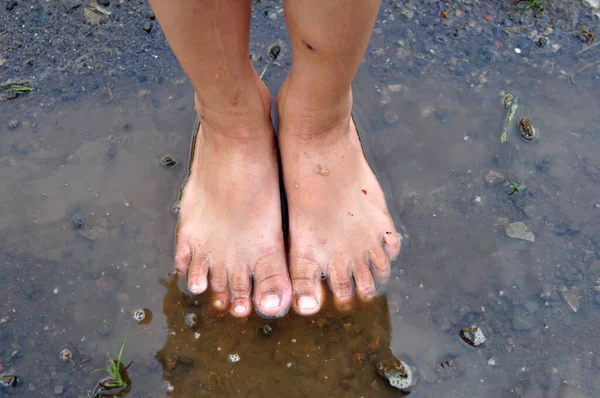 Die Füße Des Kindes Stehen Einer Regenpfütze lizenzfreie Stockbilder