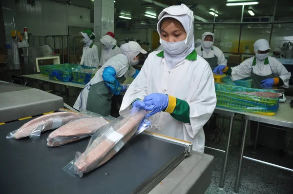 Jakarta, Endonezya - 26 Mayıs 2017: Muara Baru limanında ton balığı işleme faaliyetleri, Jakarta, Endonezya