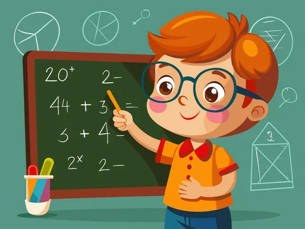 Bir çocuk karatahta vektör illüstrasyonuna matematiksel bir formül yazar