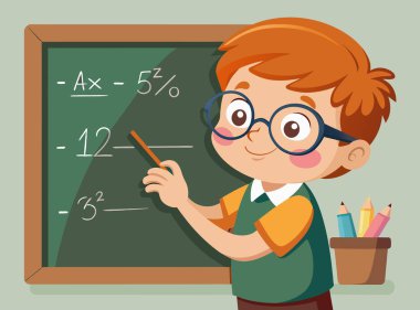 Bir çocuk karatahta vektör illüstrasyonuna matematiksel bir formül yazar