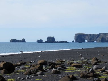 Black sand, rocks and cliff formations at Reynisfjara beach in Iceland 