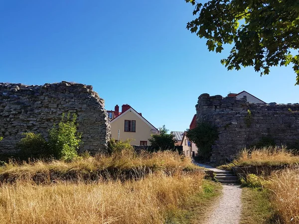 Stone wall, yellow hay and houses in Visby, Sweden
