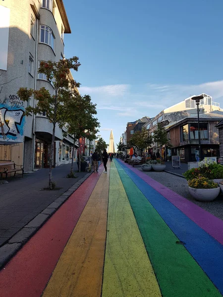 Famous rainbow street in Reykjavik, Iceland leading to Hallgrimskirkja