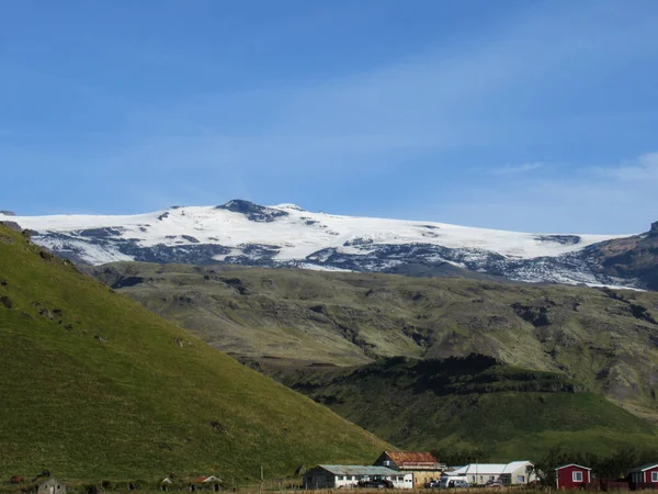 Eyjafjallajokull glacier and volcano in Iceland with small houses on foreground