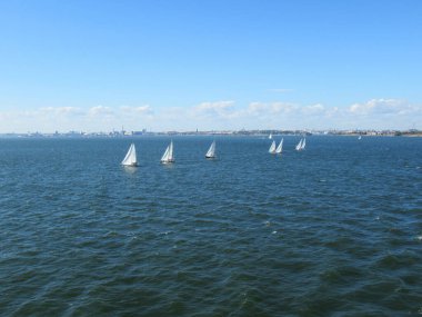 Small sailboats at sea with city buildings and clouds on the background