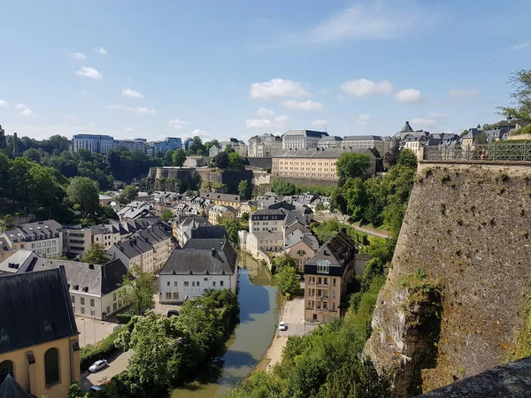 Luxembourg City panorama with buildings, city walls and Alzette river