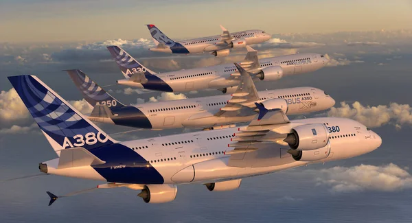 Airbus Familienflug A380 A350 A330 Und A320 Absolvieren Spektakulären Formationsflug — Stockfoto
