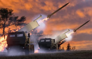 High Mobility Rocket Artillery System during firing clipart