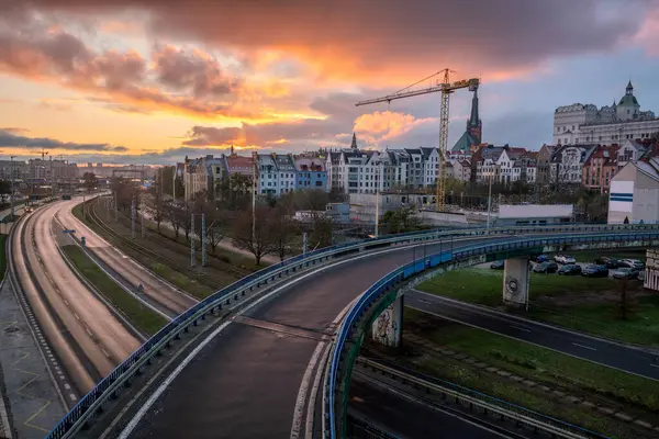 Panorama Van Oude Stad Bij Zonsondergang Szczecin Polen — Stockfoto