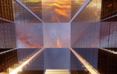 Gökdelenlerin alçak açılı görüntüsü. Bakış açısına bakıyorum. İş bölgesindeki modern gökdelenlerin alt manzarası. İş dünyası başarı sanayisi