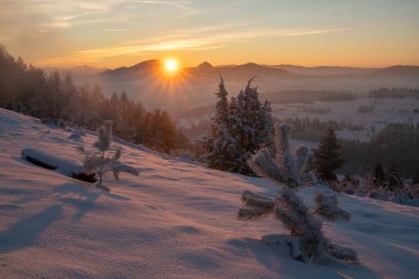 Polonya 'daki Pieniny dağlarında kış gündoğumunu gösteren güzel kış manzarası